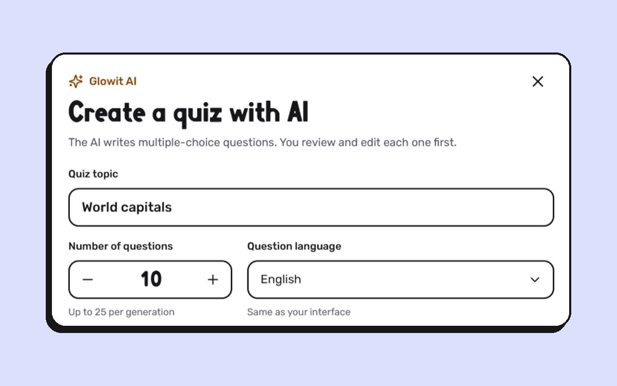 El generador de quizzes con IA de Glowit: escribe un tema como «Capitales del mundo», elige el número de preguntas y el idioma, y la IA escribe un quiz de opción múltiple