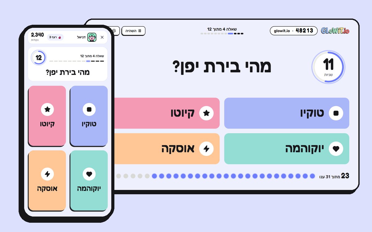 שאלה חיה ב-Glowit: השאלה וארבע התשובות על המסך הגדול, ואותן תשובות בצבעים ובצורות על הטלפון של השחקן